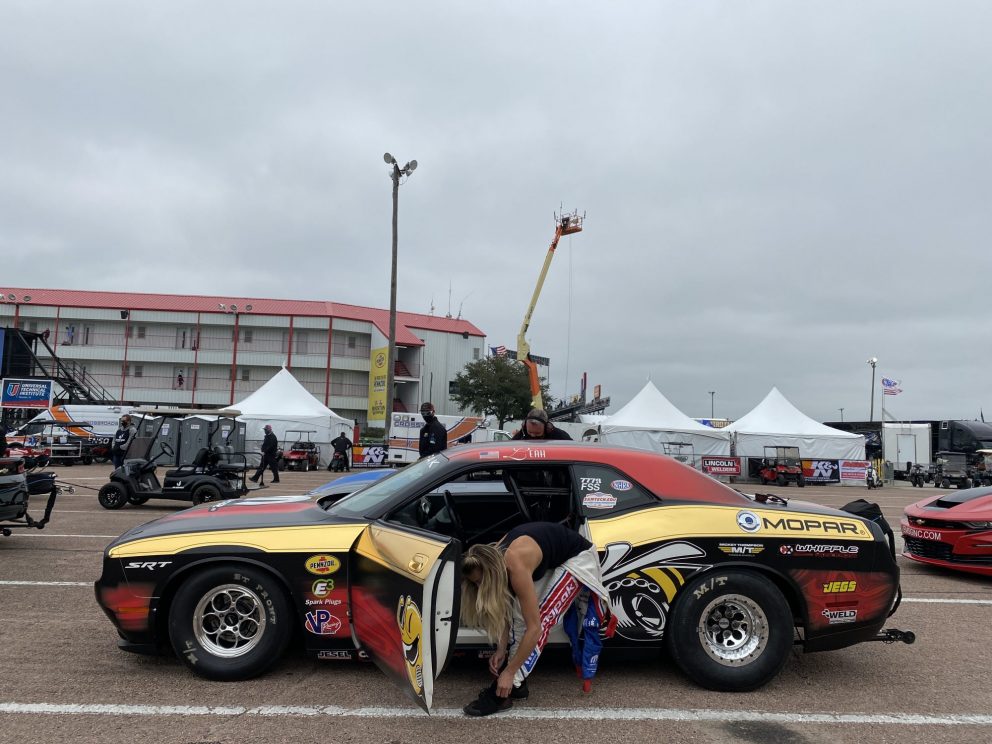 Leah suiting up to race the drag pak