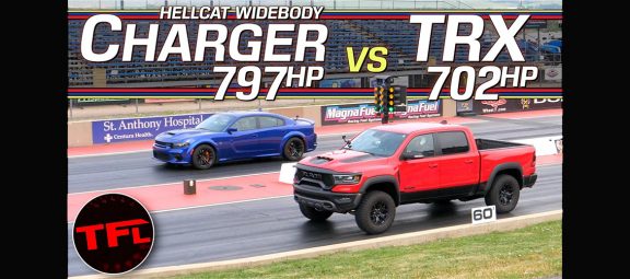 2021 Ram 1500 TRX and a 2021 Dodge Charger SRT Hellcat Redeye Widebody on the starting line of a drag strip