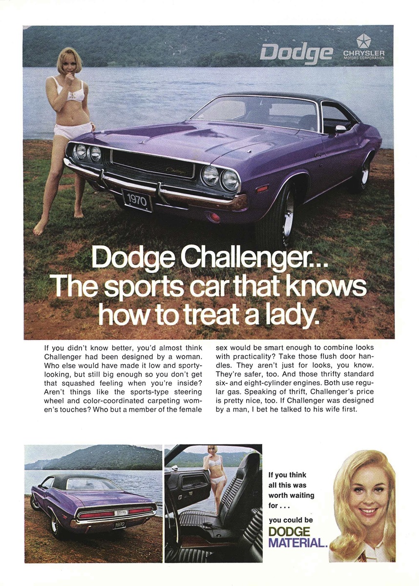 A vintage advertisement features a purple 1970 Dodge Challenger parked by a lakeside, with a smiling woman in a swimsuit standing nearby. Inset images show the car’s interior and a close-up portrait of the woman.