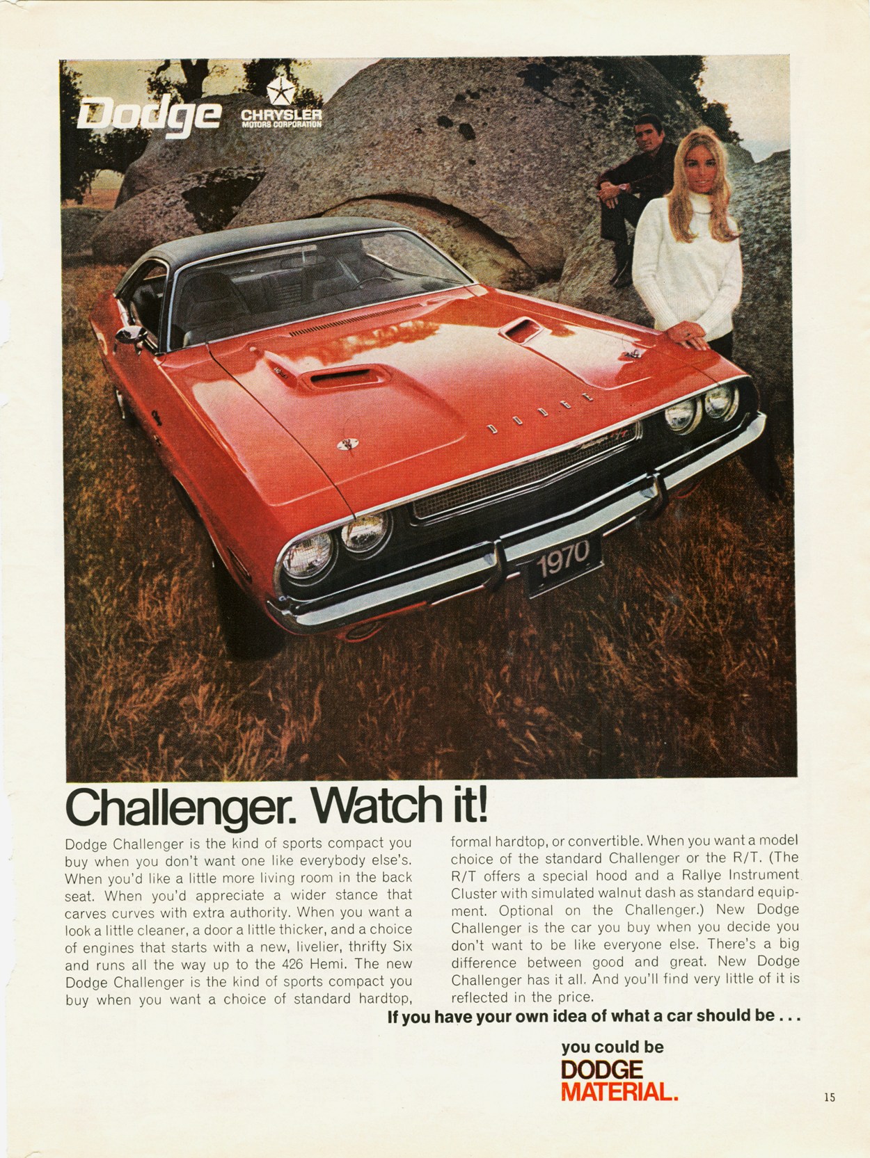 A red 1970 Dodge Challenger is parked outdoors. A woman in a white outfit stands near the passenger side. The car’s hood is open revealing its engine, and the Dodge and Chrysler logos are visible at the top of the ad.