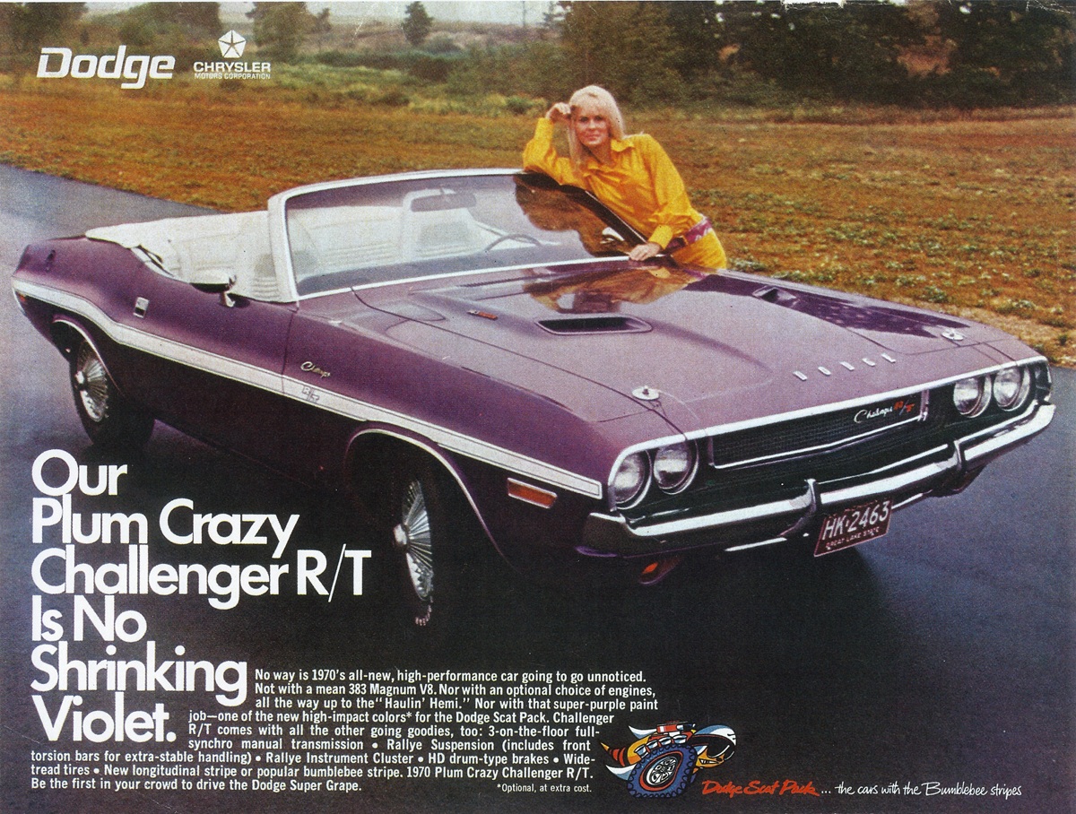 A woman in a yellow outfit leans on a purple 1970 Dodge Challenger R/T convertible with the top down. The car is parked outdoors, and promotional text about the Plum Crazy model fills the left side of the image.