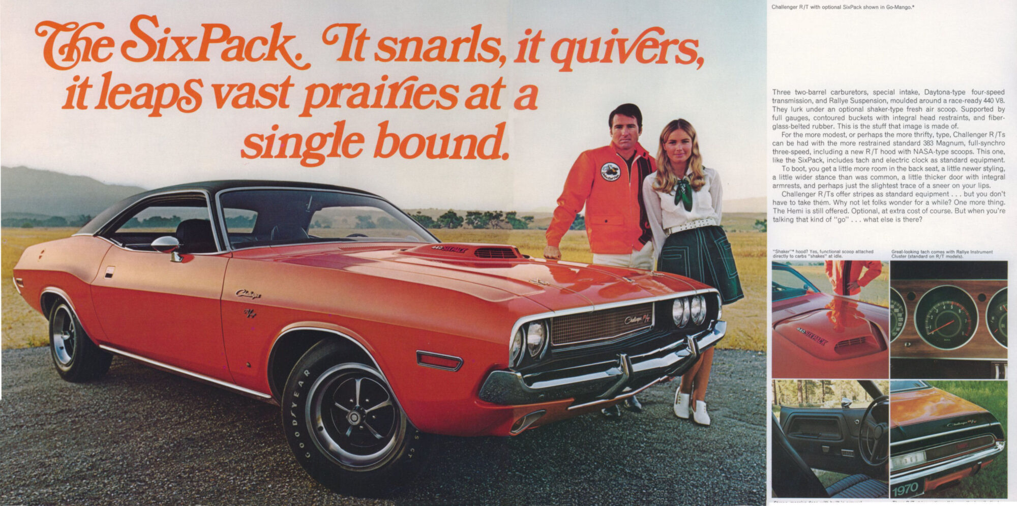 A vintage Dodge Challenger ad features an orange 1970s muscle car parked outdoors, with a man and woman in retro clothing standing beside it. Bold orange text promotes the cars power and performance.