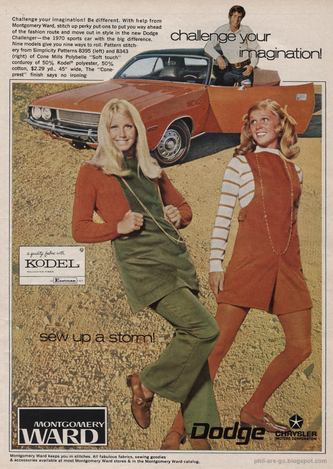 1970s ad showing two women in orange and green outfits posing in front of a red Dodge Challenger. A man with a tennis racket stands on the car’s hood. Text promotes Montgomery Ward clothing and Dodge cars.