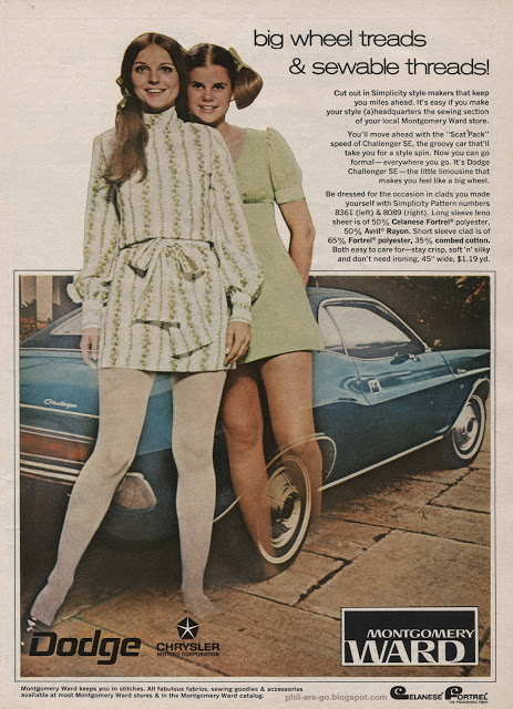 Two smiling young women pose in front of a teal Dodge car. One wears a white and green patterned dress with white tights, the other a green dress with white knee socks. The ad promotes Montgomery Ward fashion and Dodge cars.