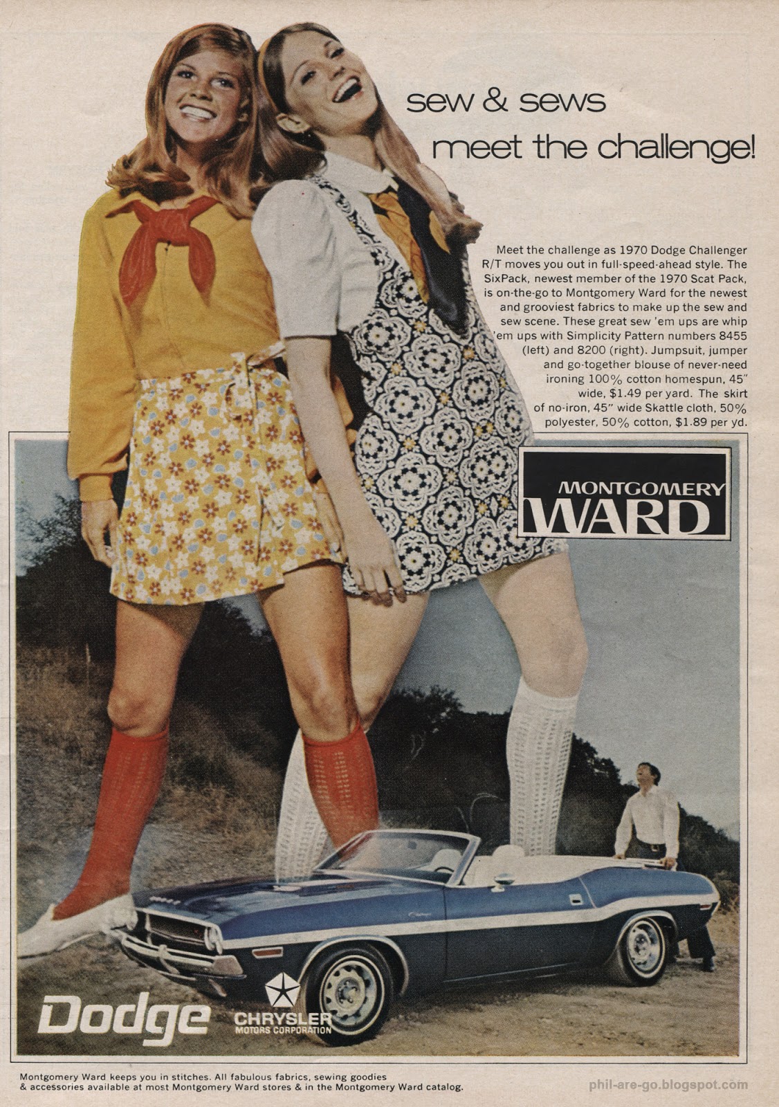 Two smiling women in colorful 1970s outfits stand together, each wearing a skirt, blouse, and knee-high socks, behind a blue convertible Dodge Challenger. Advertisement text appears above and beside them.
