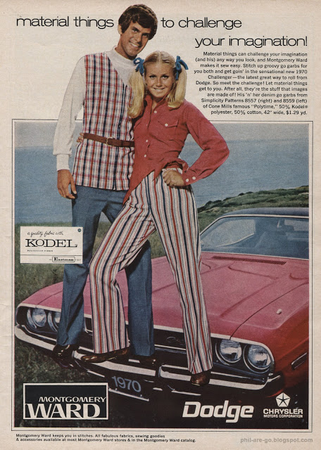 A smiling man and woman in 1970s fashion pose in front of a pink Dodge car. The man wears plaid pants and a striped vest, while the woman wears a pink top and red-and-white striped pants. Text and logos are visible around them.