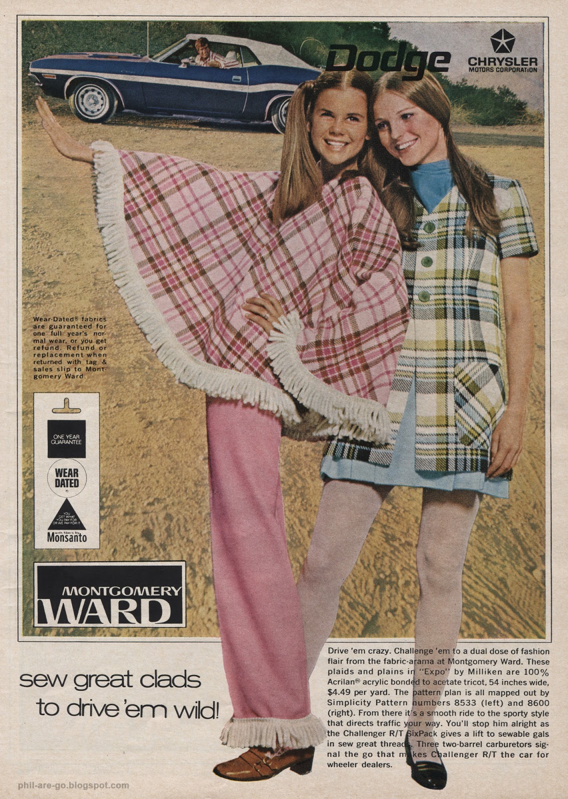 Two smiling women pose in colorful 1970s plaid outfits; one wears a pink and white plaid poncho with matching pants, the other wears a green plaid dress. A blue Dodge car is seen in the background. Text and logos appear around them.