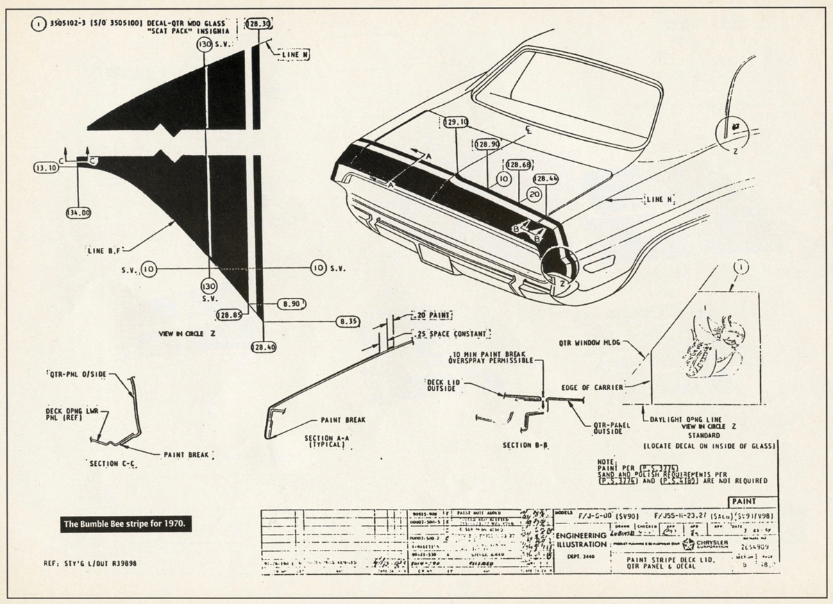 Black-and-white technical diagram showing detailed instructions and labels for applying the bumble bee stripe decal to the rear of a 1970 car, including stripe placement, dimensions, and paint breaks.