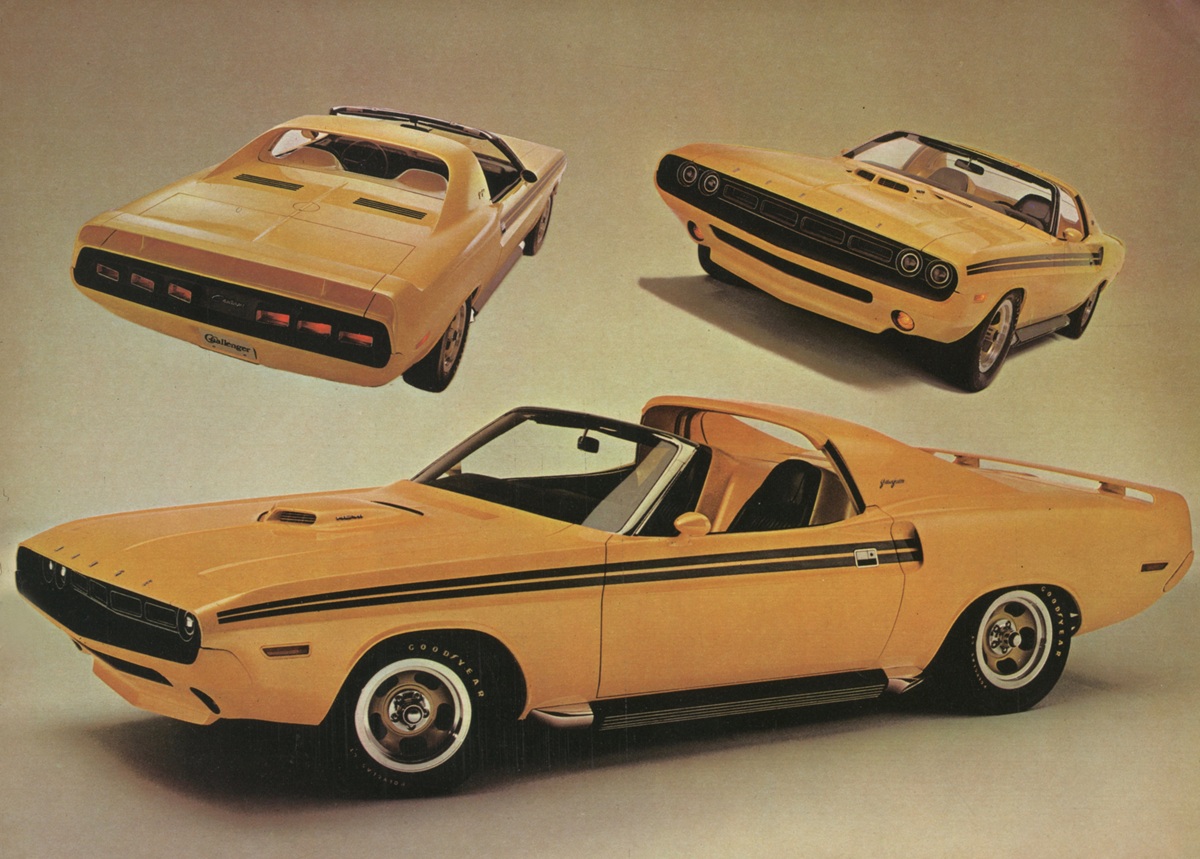 Three views of a vintage yellow Dodge Challenger muscle car with a black stripe, featuring a T-top roof, classic rims, and sporty design on a plain background.