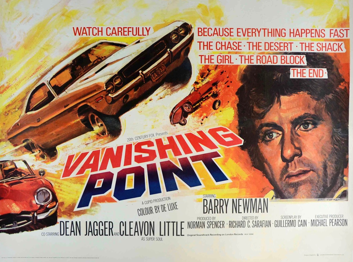 A vintage movie poster for Vanishing Point features a speeding car, a large portrait of a mans face, and bold text in red and yellow. Taglines and credits surround the central images.