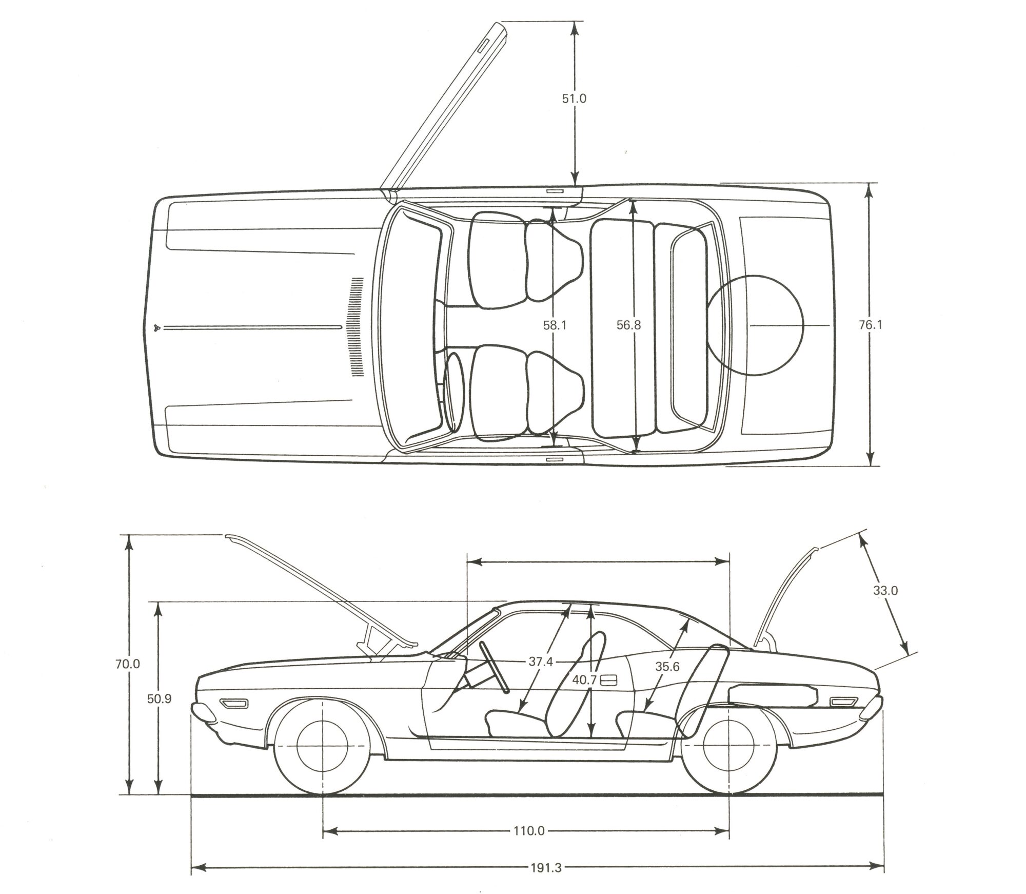 Black and white technical drawing of a car viewed from above and the side, showing open doors, trunk, and hood, with labeled interior features and various measurements in inches.