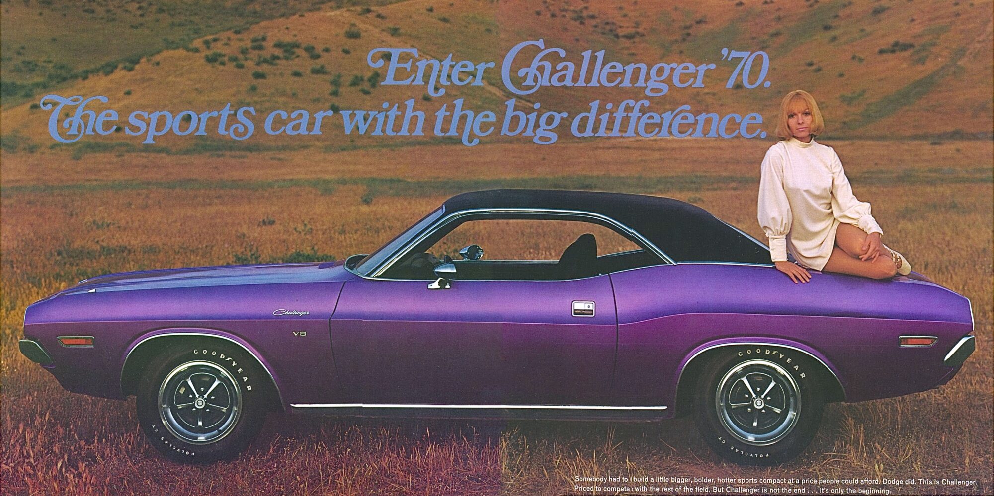 A woman in a white dress poses on the hood of a purple 1970 Dodge Challenger parked on grass, with hills in the background and the text: Enter Challenger 70. The sports car with the big difference.