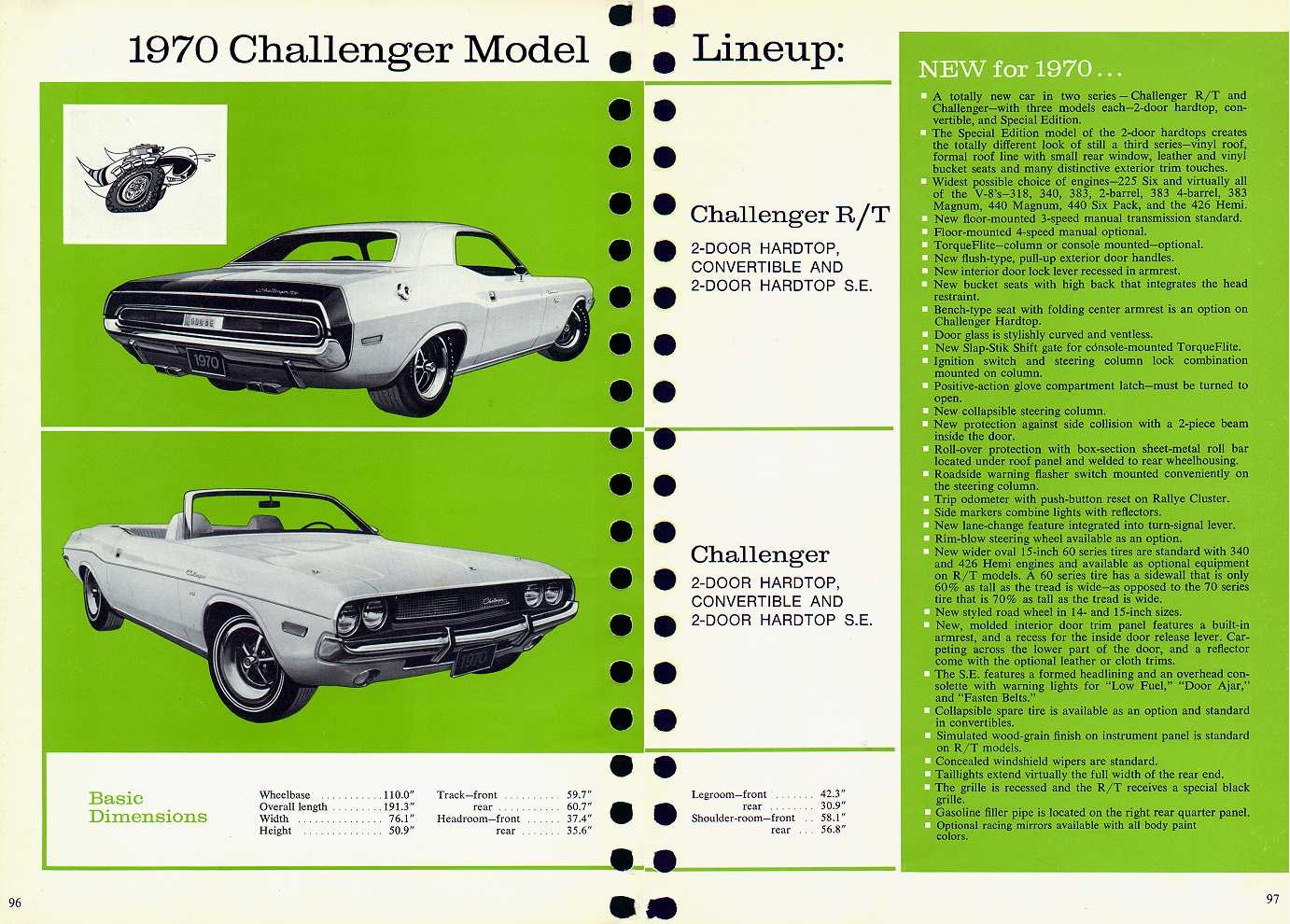 A vintage brochure page features two 1970 Dodge Challenger cars: a green hardtop (top) and a white convertible (bottom). Text on the right lists features and dimensions for the 1970 Challenger lineup.