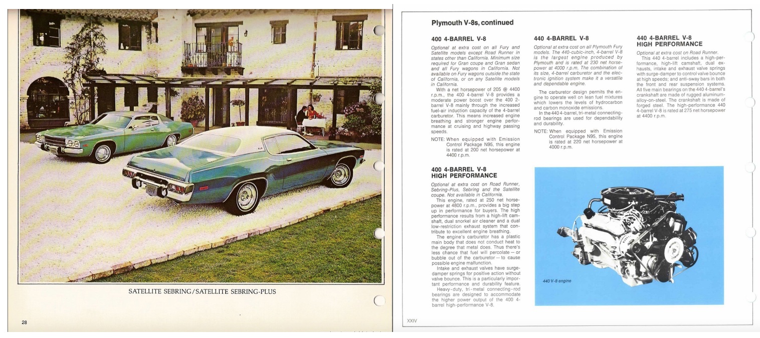 A vintage brochure shows two green Plymouth cars parked in front of a large house with arches; the opposite page details engine specifications with text and a black-and-white image of a car engine.