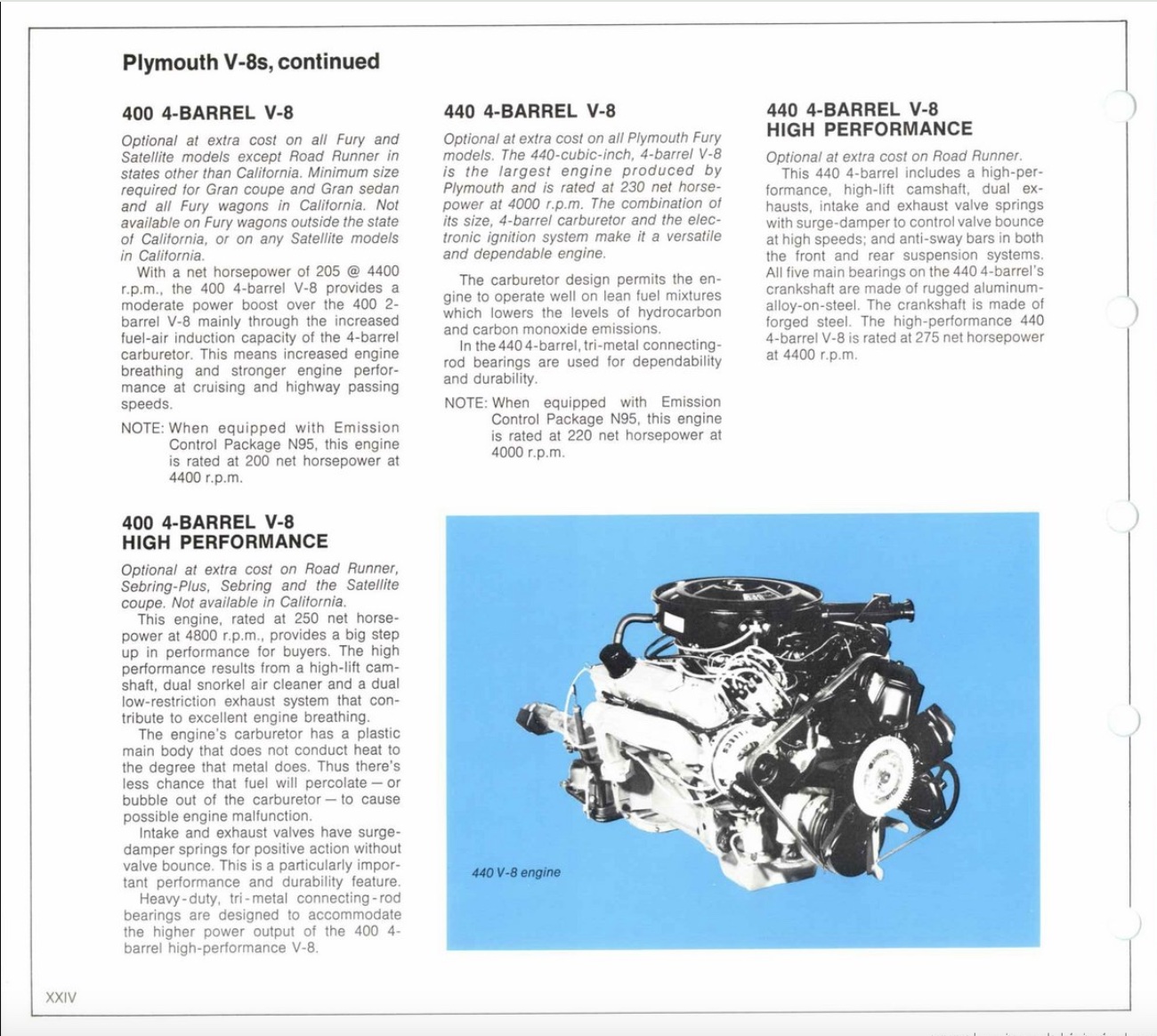 A catalog page details Plymouth V-8 car engines, listing specs for 400 and 440 cubic inch 4-barrel V-8 engines. On the right, there’s an illustration of a black and silver 440 V-8 engine on a blue background.