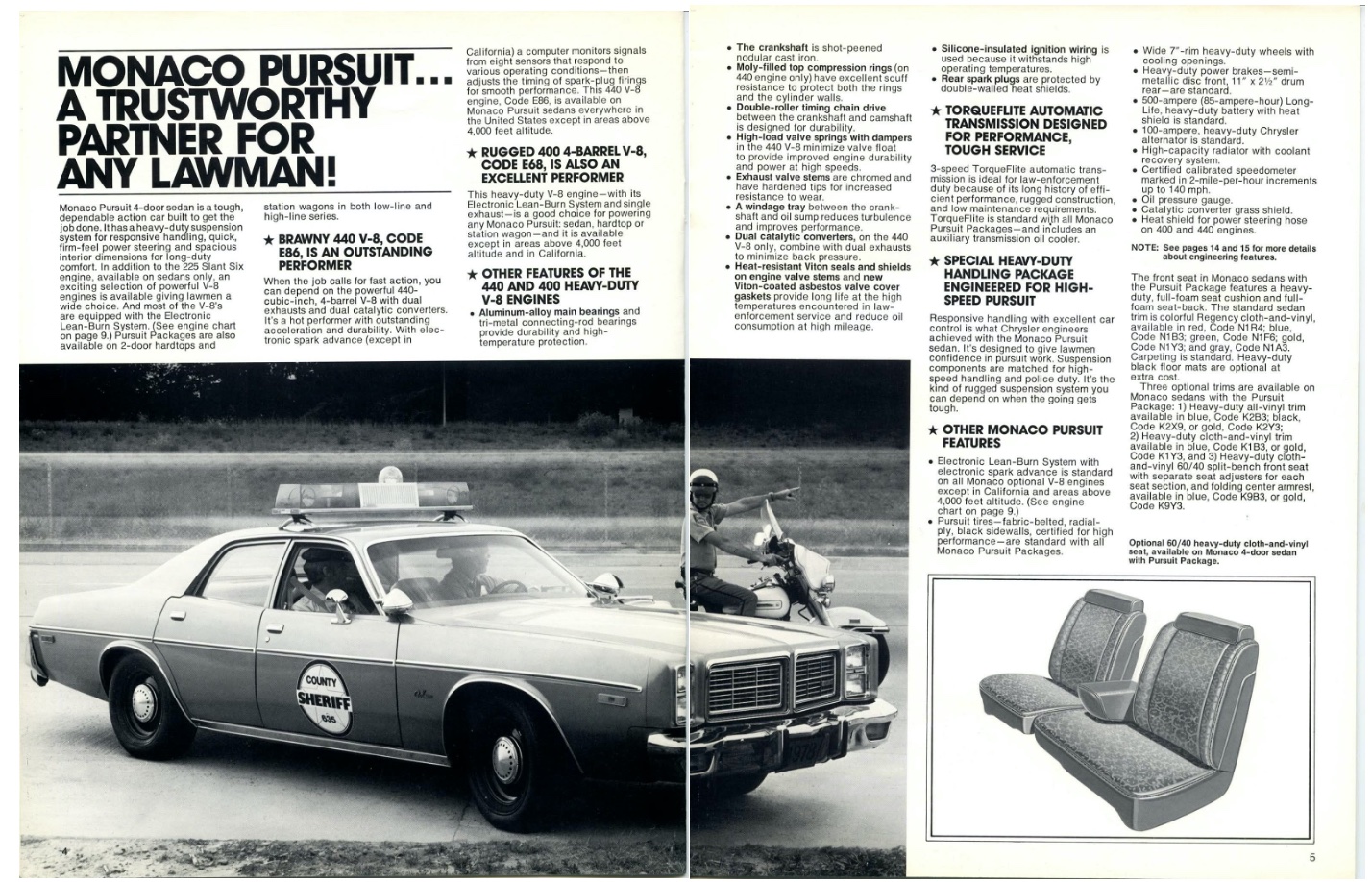 A vintage advertisement features a Dodge Monaco police car labeled “County Sheriff,” parked with two officers—one inside and one on a motorcycle nearby. The ad text and car specifications fill the rest of the page.