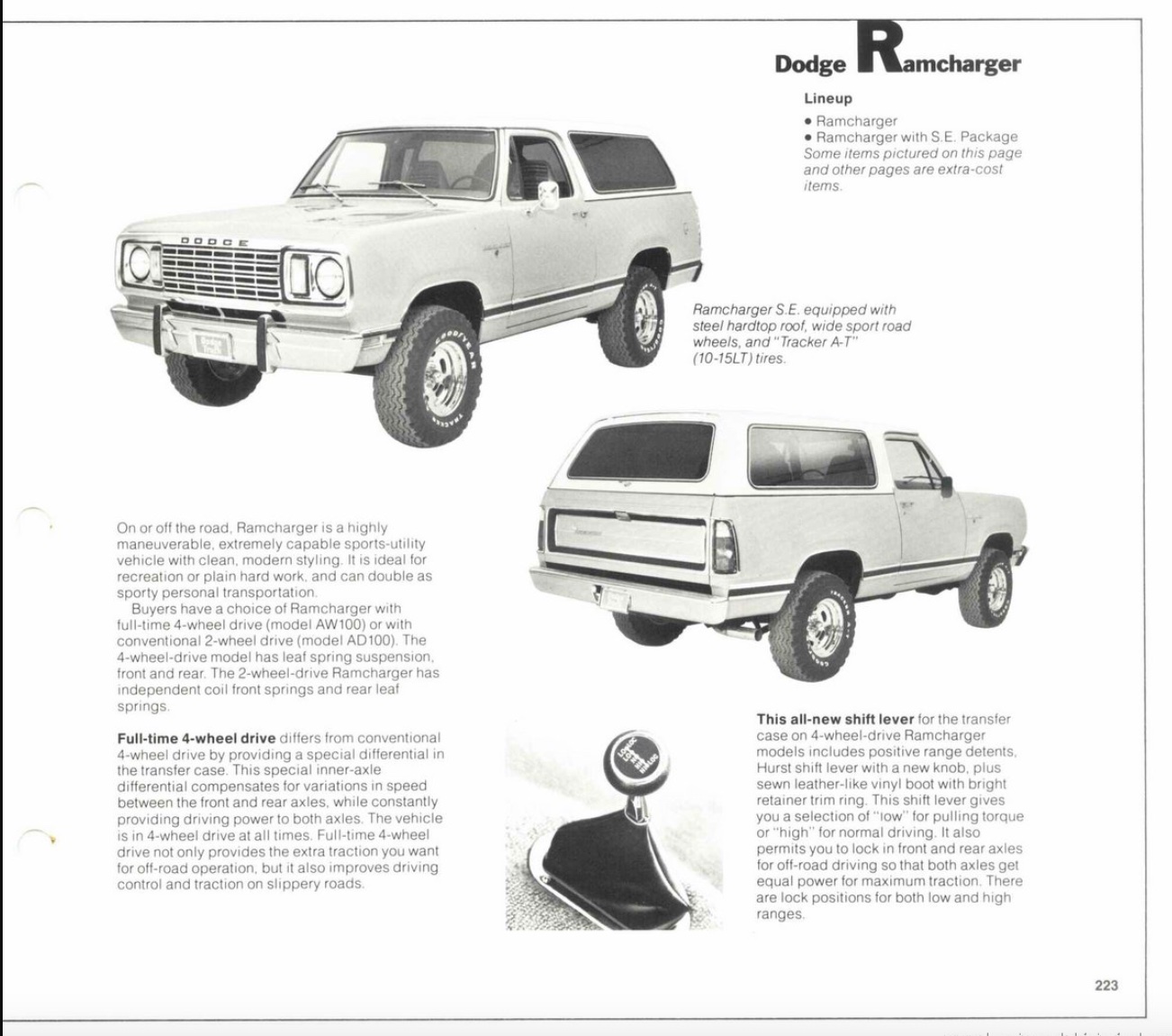 Black-and-white brochure with front side and rear side views of a Dodge Ramcharger SUV, plus a close-up of the all-wheel lever and descriptive text about features and off-road capabilities.