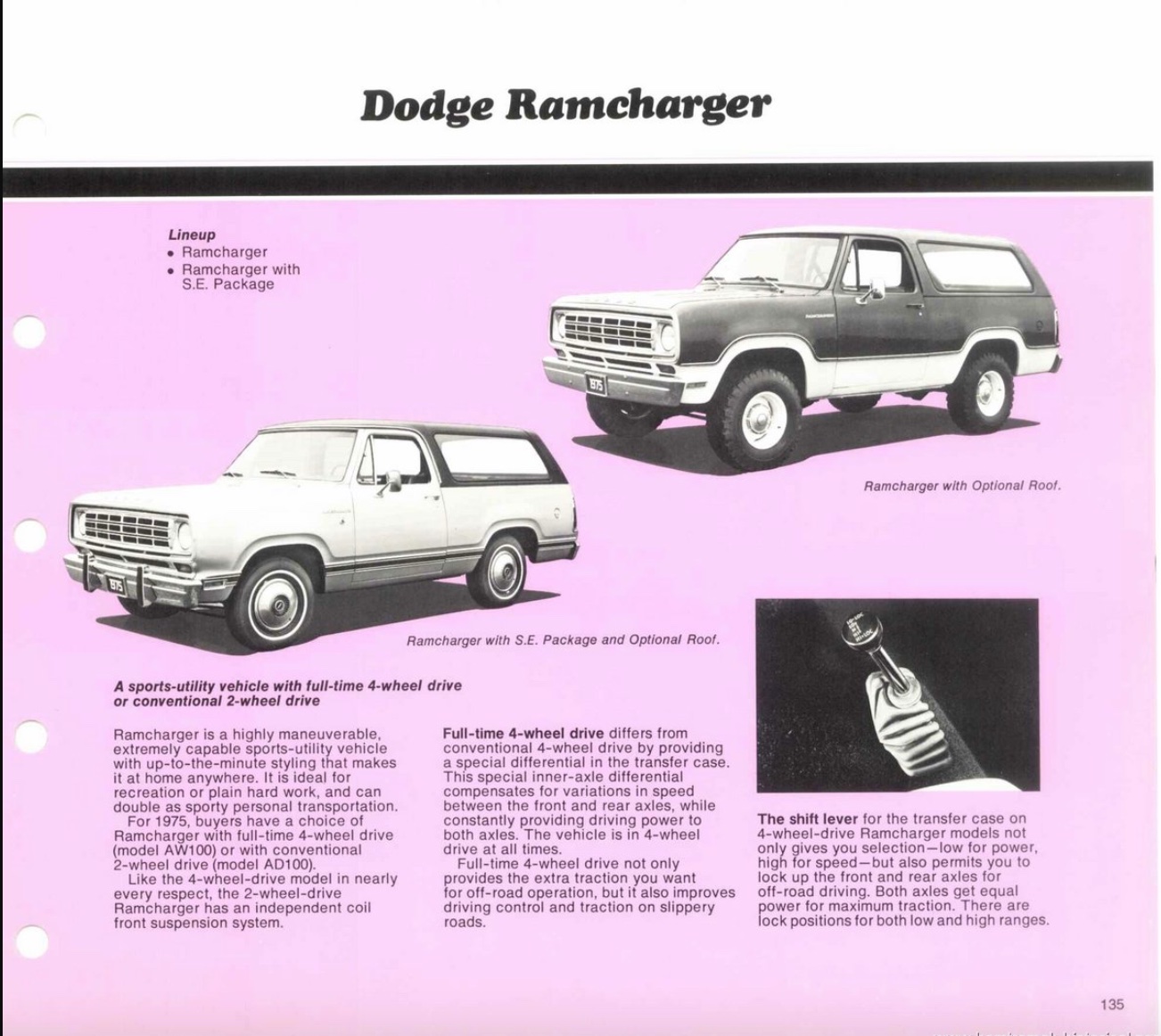 A vintage Dodge Ramcharger brochure page featuring two illustrations of the SUV, specifications, and a close-up image of the shift lever, all set on a pink background with descriptive text.