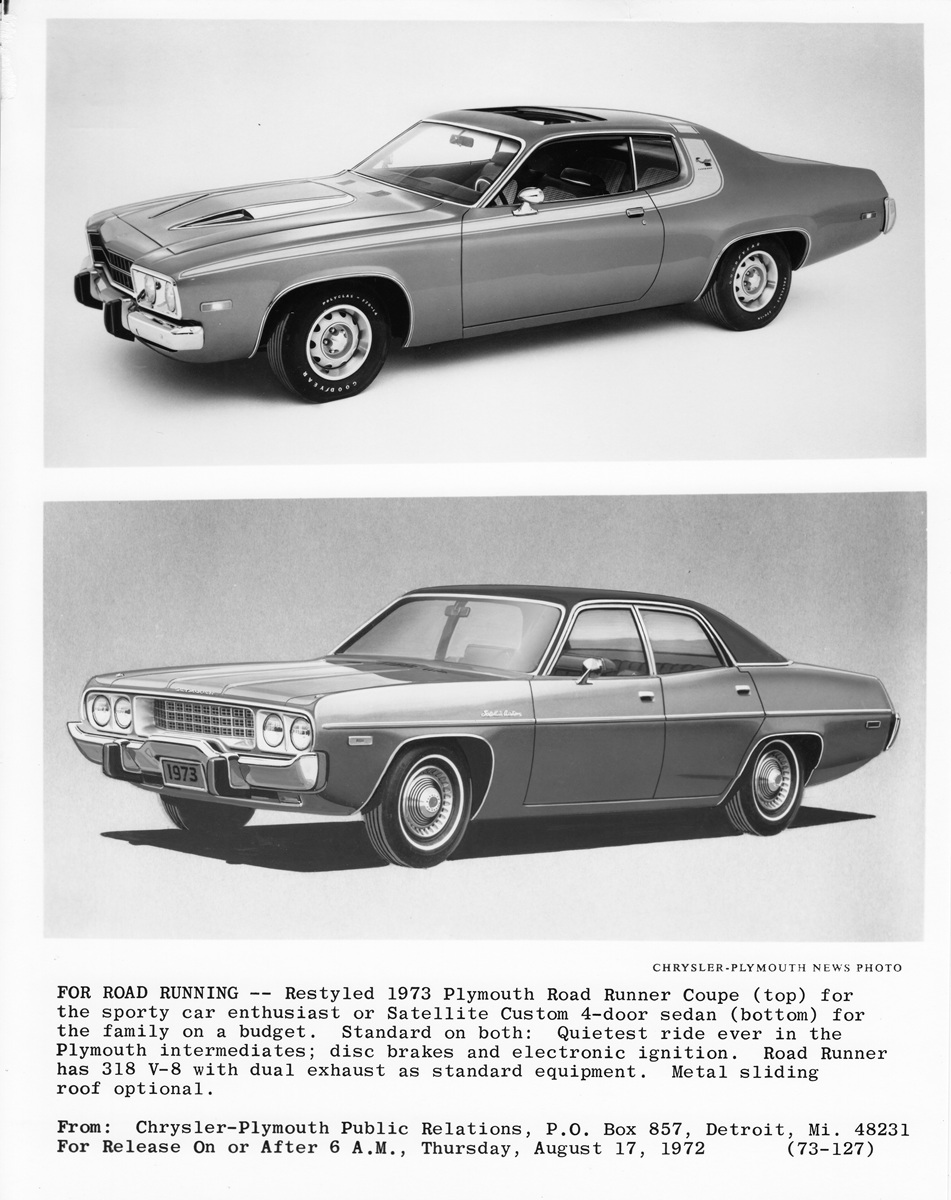 Black-and-white image showing two cars: a 1973 Plymouth Road Runner coupe (top) and a Plymouth Satellite Custom 4-door sedan (bottom), both displayed in profile against a plain background.