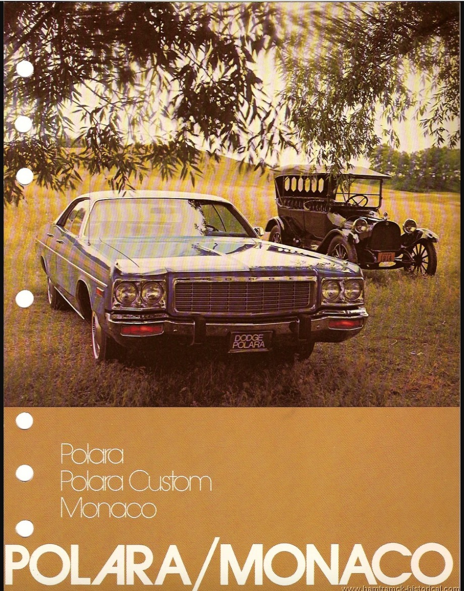 A vintage advertisement shows a green 1970s Dodge Polara parked on grass next to an antique car, with trees and a field in the background. Text below lists Polara, Polara Custom, Monaco and POLARA/MONACO.