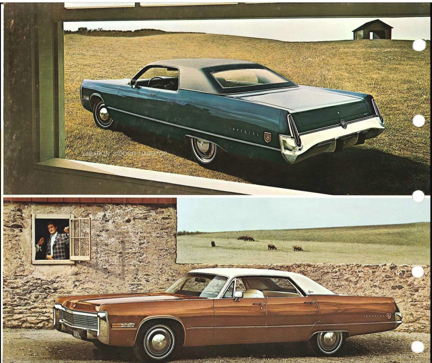 Two vintage Chrysler Imperial cars, one green with a black top parked on grass by a small shed, the other brown with a white top parked by a stone wall, with a man and child looking through a window.