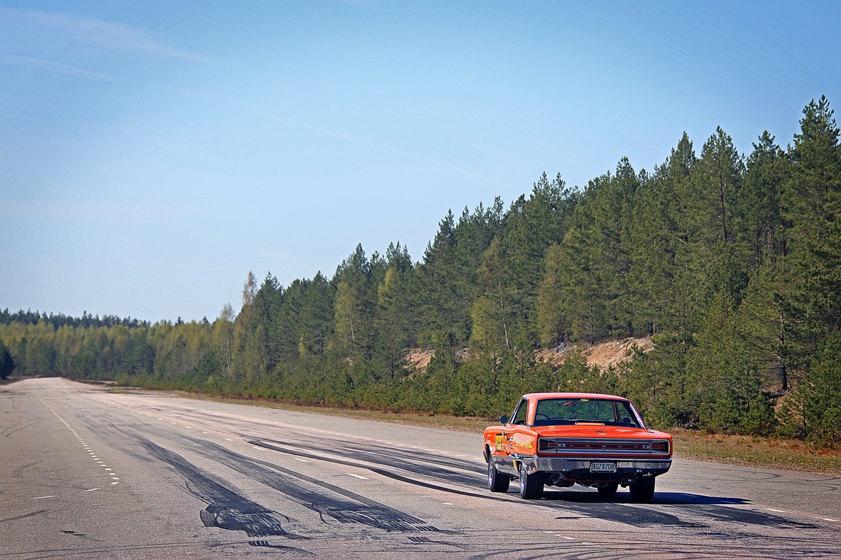 An orange vintage muscle car drives on an empty, wide road with tire marks, surrounded by tall green pine trees under a clear blue sky.