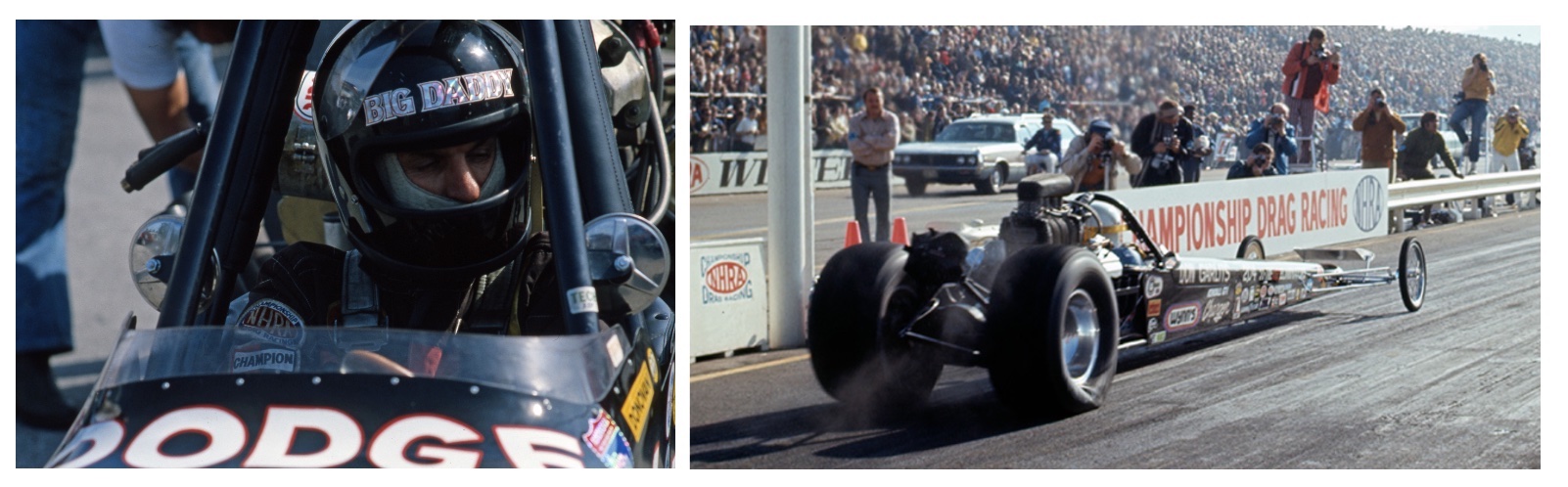 Close-up of a drag racer in a helmet inside a Dodge car (left) and a dragster speeding down a racetrack with crowds watching from the stands (right).
