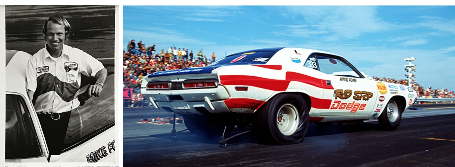 Split image: Left side shows a smiling man in a racing uniform posing by a car. Right side shows a vintage Dodge drag racing car with red, white, and blue colors launching on a drag strip before a crowd.