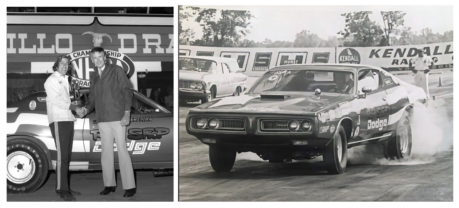 On the left, two people shake hands beside a race car with Dodge on the door. On the right, a Dodge drag racing car accelerates on a racetrack with smoke near its rear tires.