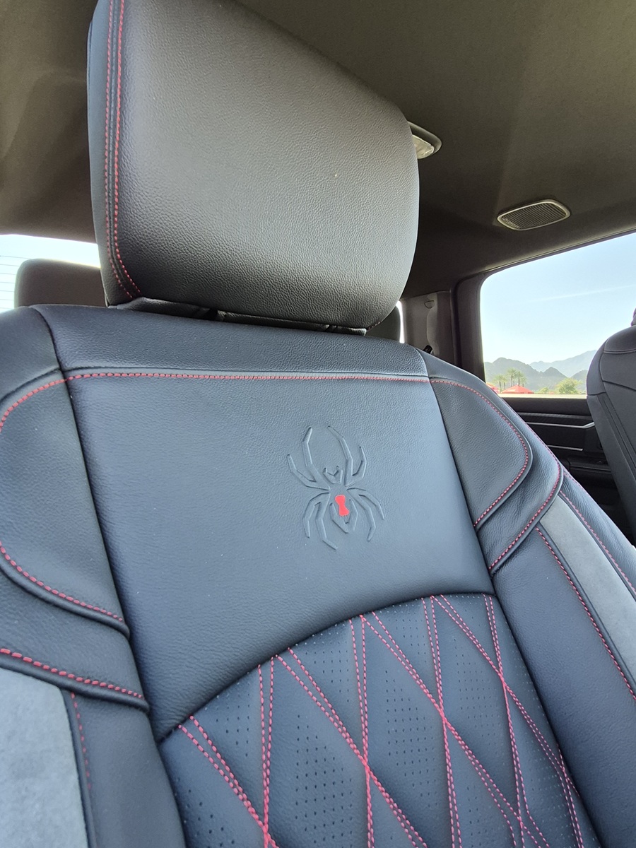 A close-up of a car seat with black leather and red stitching, featuring an embroidered spider with a red marking on the backrest. The background shows part of the car interior and a glimpse of mountains outside.