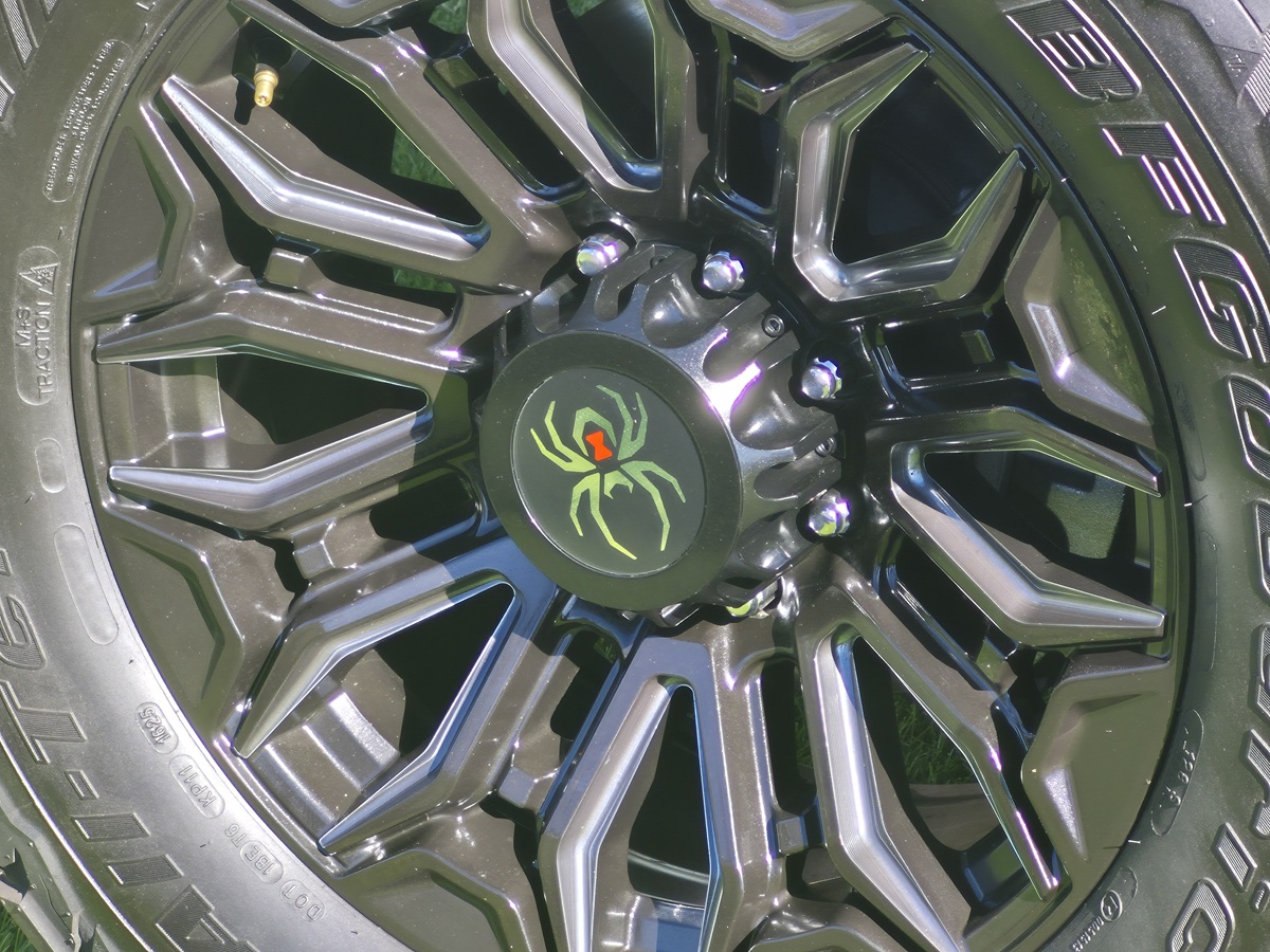 Close-up of a black car wheel rim with a green spider and red marking on the center cap. The tire has visible tread and lettering along the sidewall.