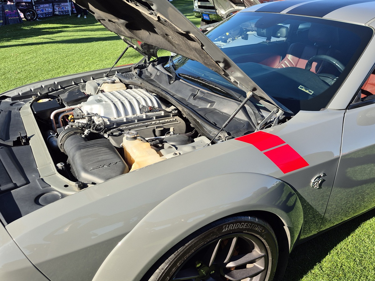 A gray sports car with its hood open, revealing the engine. The car has black racing stripes, red interior, and a red stripe decal on the fender. Sunlight casts clear shadows on the grassy area where its parked.