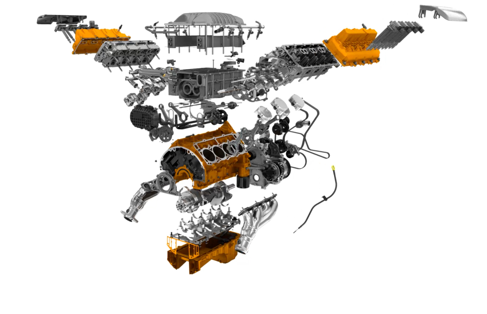 Exploded view of a V8 engine showing all individual components separated and suspended, including pistons, cylinder heads, exhaust manifolds, and other engine parts with some highlighted in orange.