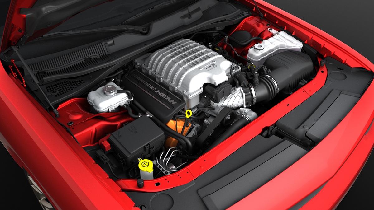The image shows the engine bay of a red car with a prominent supercharged HEMI engine, detailed with silver and black components, hoses, and visible yellow oil cap.