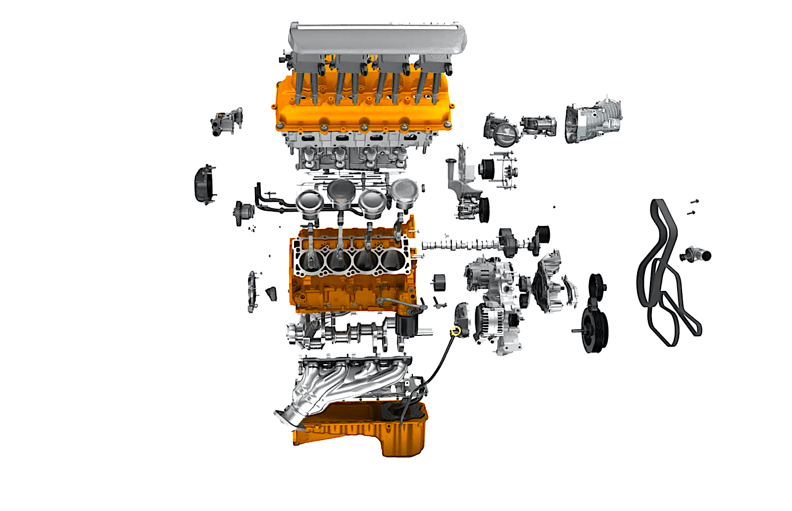 Exploded view of a car engine showing all internal components, including pistons, camshaft, valves, belts, cylinder head, and exhaust manifold, separated and suspended against a white background.