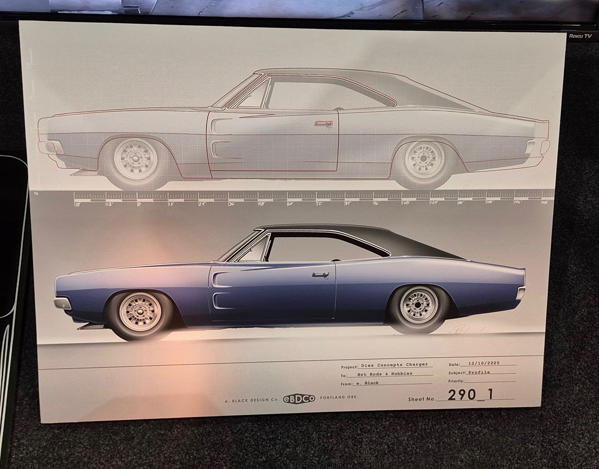 A technical drawing and rendering of a classic Dodge Charger, showing a detailed side view sketch in grey above a colored illustration of the car in blue with black on the bottom half of the body.