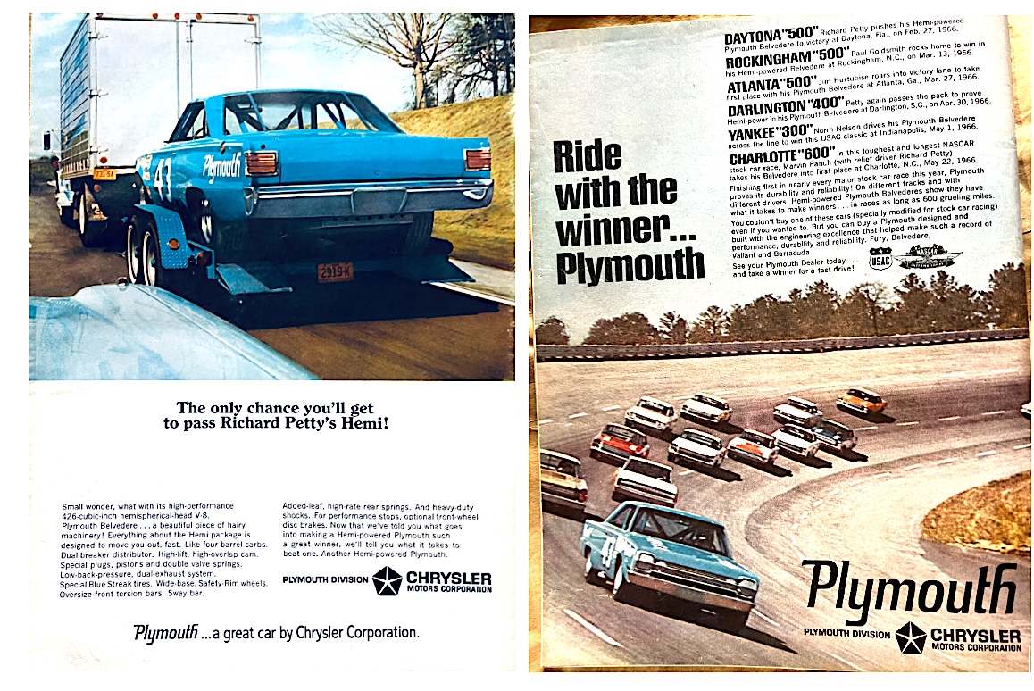 Two vintage magazine pages: Left shows a blue #43 Plymouth race car on a trailer, viewed from behind. Right features an ad with multiple Plymouth cars racing, listing race wins, and bold Ride with the winner...Plymouth text.