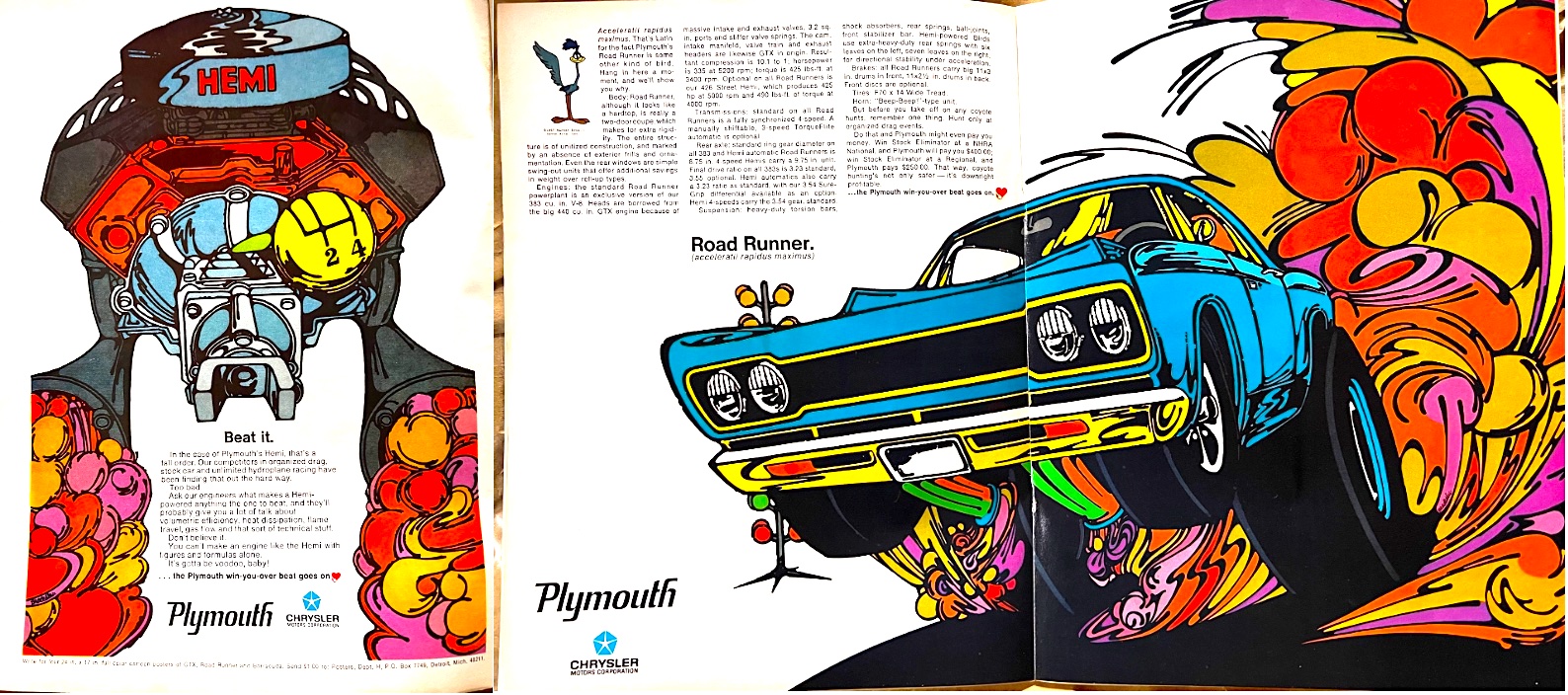 A vibrant, psychedelic 1960s/70s Plymouth car advertisement features a blue muscle car speeding with colorful smoke trails and a stylized engine diagram with HEMI text on the left. Plymouth and Chrysler logos are visible.