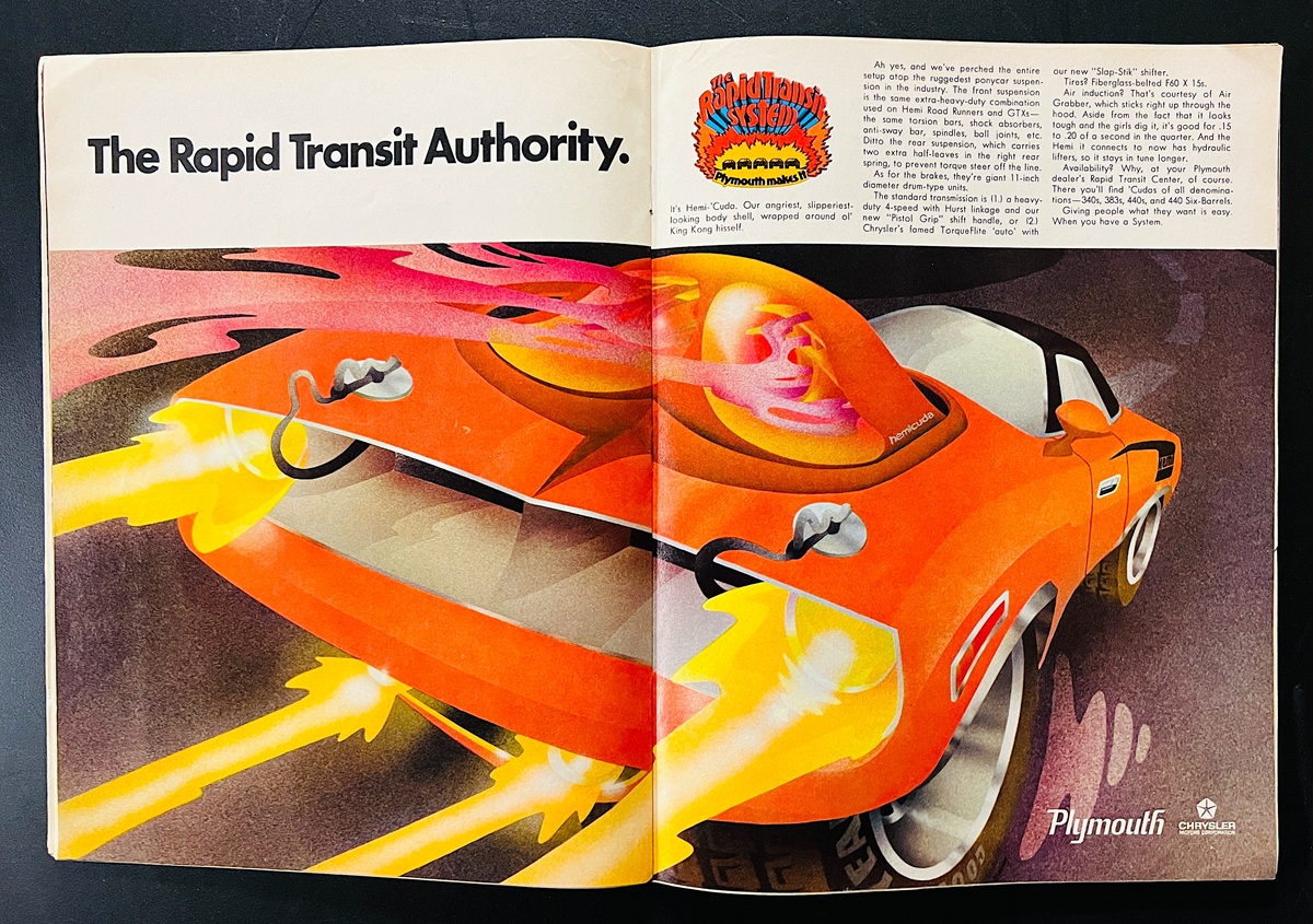 A colorful vintage magazine ad shows an illustrated orange Plymouth muscle car with huge rear tires, flames blasting from its exhaust, and a flaming helmet on the roof. The headline reads, The Rapid Transit Authority.