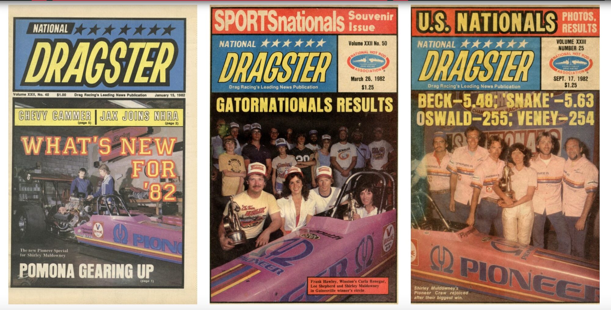 Three vintage National Dragster magazine covers from the early 1980s, featuring drag racing teams, drivers, and headlines about race results and upcoming events. The covers showcase group photos and race cars.